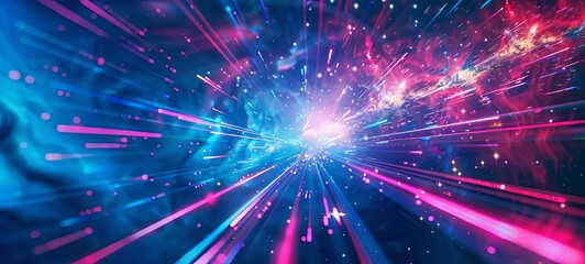 Abstract creative space background. Hyperjump to another galaxy. Speed ​​of light, neon glowing rays in motion.