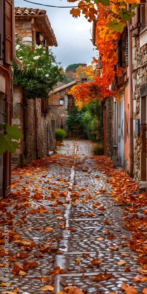 Sticker Charming narrow street with colorful autumn leaves