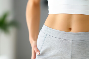 Fototapeta premium Close up of a woman's waist and belly, showing a slim body shape after weight loss or fitness training while wearing white sportswear.