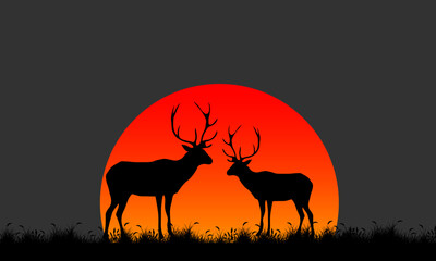 Deer Silhouette In Savannah Illustration Vector. Savannah Landscape Sunset.