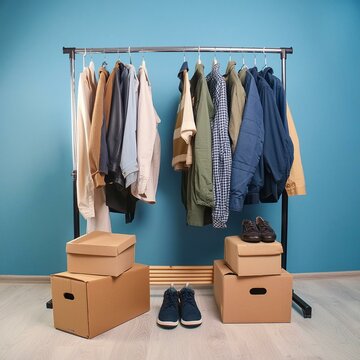 Roupas diversas penduradas para um bazar, com sapatos e caixas