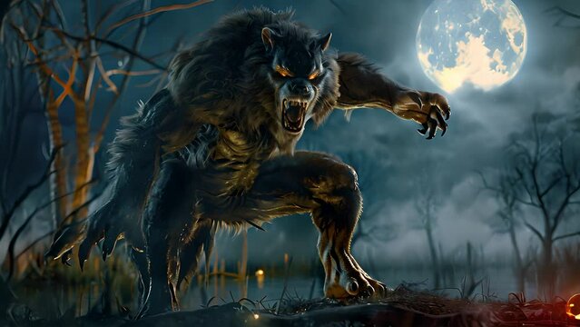 A werewolf stands under a full moon in a spooky forest, with glowing eyes and sharp claws