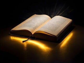 Fototapeta premium floating open book with glowing yellow light on dark background