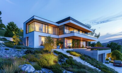 Fototapeta premium 3D rendering of a modern house on a hill with wood and glass details in evening lighting 