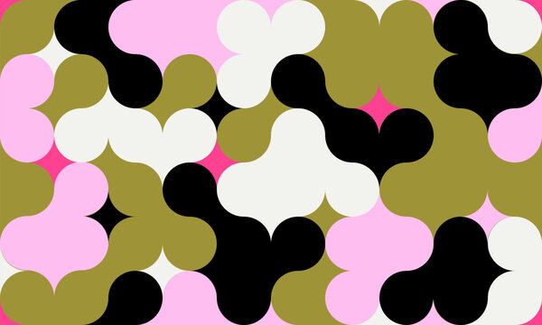 Geometric abstract pattern with curved shapes in trendy color palette.  Seamless vector background with playful varied shapes and four point stars