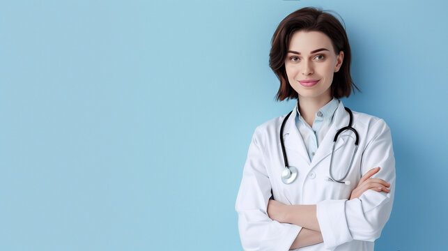 Smiling female doctor in a lab coat and a stethoscope with crossed arms on a blue background, copy space. Family doctor, consultation, medical clinic, laboratory tests