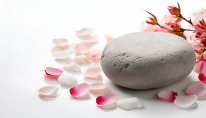 Beautiful natural stone and petals on white background on digital art concept, Generative AI.