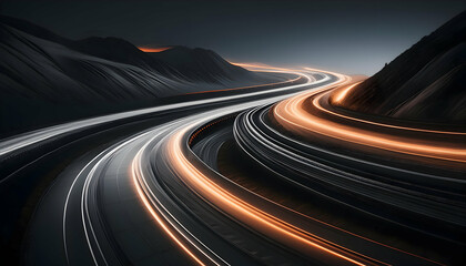 Bright black light trails curve dynamically against a dark background, long exposure on digital art concept, Generative AI.