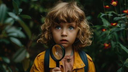 A young boy with curly blonde hair explores the natural world with a magnifying glass
