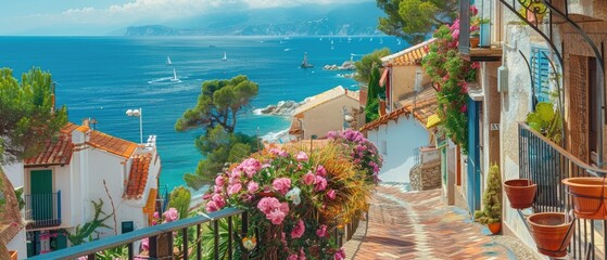Flowers, fences and ocean in the background seaside town in Spain with