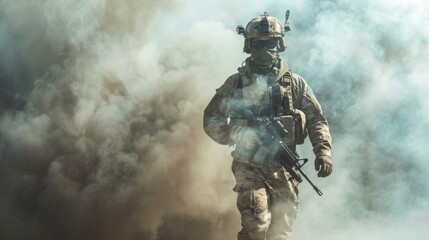 Fototapeta premium Special operations forces soldier, army ranger or commando in camo uniform, helmet and ballistic glasses walking at battlefield