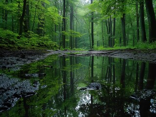 Obraz premium Mirror-like standing water in a serene forest.