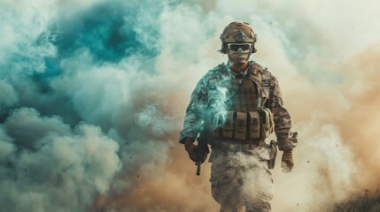 Fototapeta premium Special operations forces soldier, army ranger or commando in camo uniform, helmet and ballistic glasses walking at battlefield