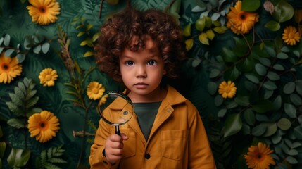 A young boy with curly hair examines nature with a magnifying glass