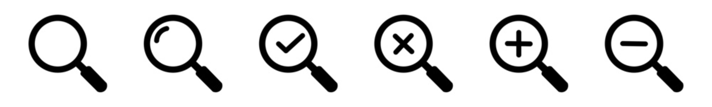  black magnifying glass icons check positive and negative, increase plus or decrease minus icons on white background
