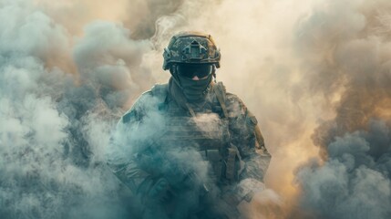 Special operations forces soldier, army ranger or commando in camo uniform, helmet and ballistic glasses walking at battlefield