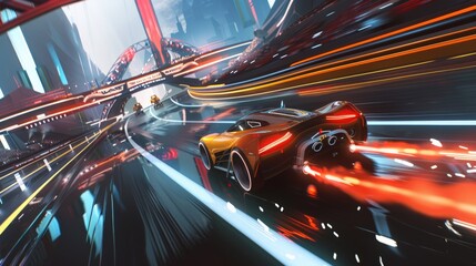 Fototapeta premium Futuristic Race Car in Cityscape.