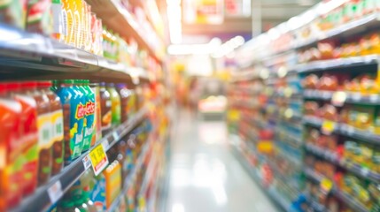 Blurred Supermarket Aisle with Colorful Products.