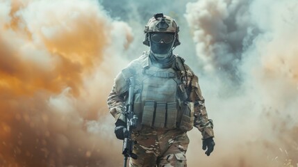 Fototapeta premium Special operations forces soldier, army ranger or commando in camo uniform, helmet and ballistic glasses walking at battlefield