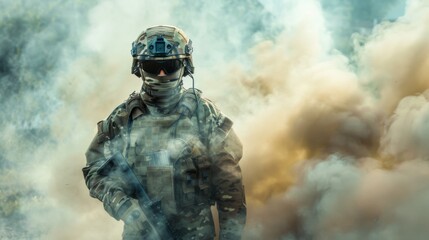 Special operations forces soldier, army ranger or commando in camo uniform, helmet and ballistic glasses walking at battlefield