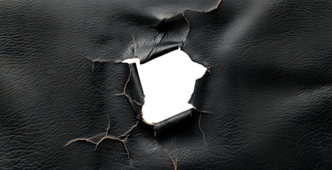 Hole in black leather with frayed edges, cut out