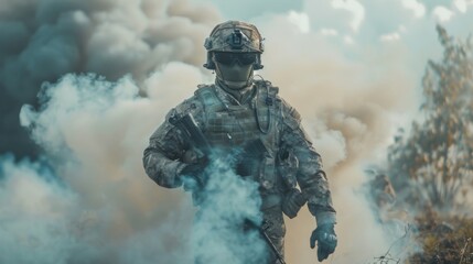 Special operations forces soldier, army ranger or commando in camo uniform, helmet and ballistic glasses walking at battlefield