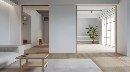 Fototapeta premium Minimalist Muji Style Home with Sliding Doors and Efficient Space Design