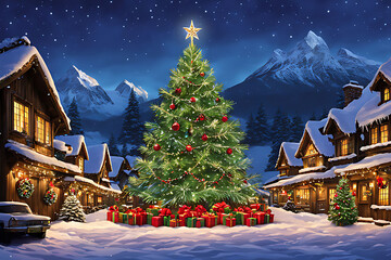 A beautifully decorated Christmas tree with lights and ornaments stands in the center of a snowy village with cozy cabins and mountain peaks in the background  