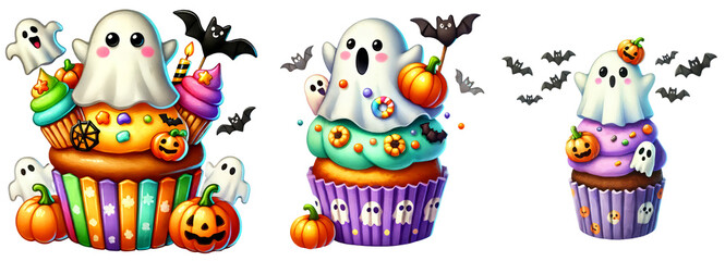 Fototapeta premium Cute Halloween-themed cupcakes decorated with ghost toppers, pumpkins, bats, and colorful frosting, featuring playful and festive designs. Watercolor Clipart isolated on Transparent Background. 