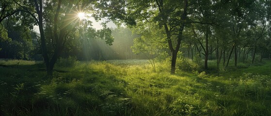 summer morning with sunlight in the green forest panoramic image