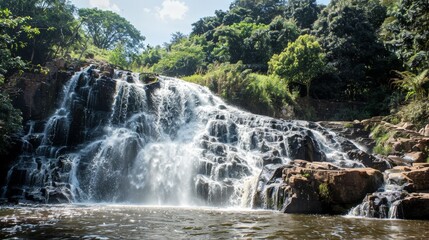 The waterfall's spray cools the air, offering relief from the heat of the summer sun.