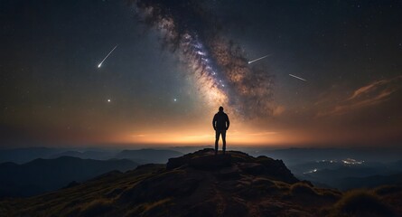 Silhouette man standing on the top of the mountain, back view, staring the Milky Way and shooting star. Ai Generative.