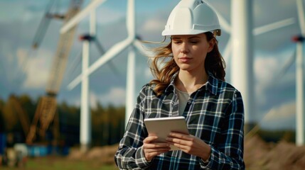 Woman Checking Functioning of Wind Turbines at Energy Farm
