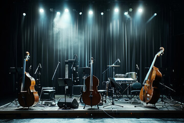 Fototapeta premium Collection of musical instruments, including double basses and guitars. Orchestra ready for performance on stage under dramatic lighting