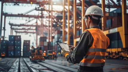 Transport Logistic Import and Export View, Engineer in Uniform Conducting Inspection with Tablet