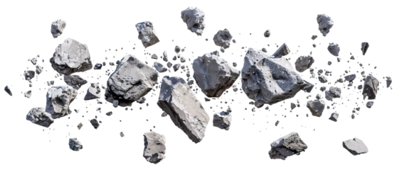 Gray rocks falling through the air, cut out