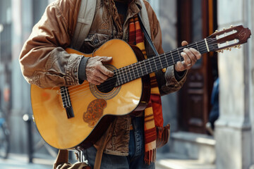 Obraz premium Street musician playing an acoustic guitar on busy street. Cropped image of man with guitar singing in touristic place of city