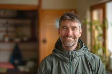 Obraz premium Portrait of a grinning caucasian man in his 30s wearing a functional windbreaker isolated in serene meditation room