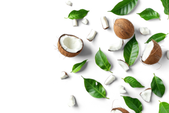 Coconuts and Green Leaves on Transparent Background