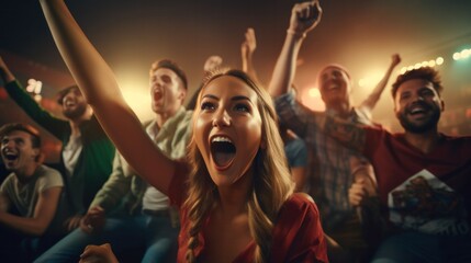 Group of Caucasian friends sitting on sofa watching and cheering on sports match on TV together at home.