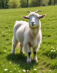Fototapeta premium In the tranquil expanse of a lush green field one fluffy goat is grazing peacefully in the spring sunshine