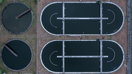 Aerial view of wastewater treatment plant, Water cleaning facility wastewater treatment plant,...