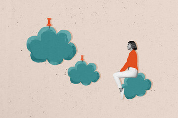 Composite photo collage of happy girl sit memo notes business paper sticker cloud poster reminder isolated on painted background