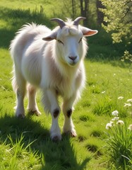 Obraz premium In the tranquil expanse of a lush green field one fluffy goat is grazing peacefully in the spring sunshine