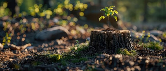 Young tree emerging from old tree stump design concept header web  cover poster banner presentation template