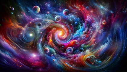 Cosmic Swirl: A Universe of Color and Light - A vibrant, abstract painting depicting a swirling nebula with colorful, ethereal tendrils and scattered celestial bodies. - A vibrant, abstract painting d