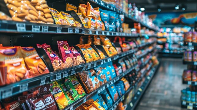 Snacks on Shelves in a Grocery Store.