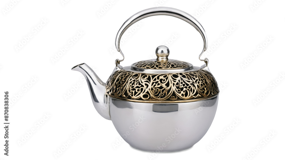 Poster A collection of metallic teapots in shiny silver gold and bronze hues each one adorned with delicate filigree designs and a curved spout. They are arranged in a triangular