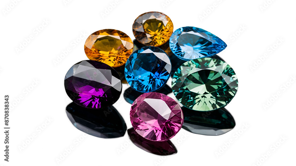 Poster shiny and polished gemstones in a range of hues with faceted surfaces that catch and reflect light b