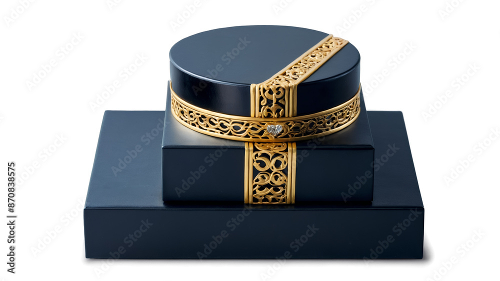 Poster A collection of five sleek black boxes with a glossy finish stacked on top of each other adorned with subtle golden details and delicate filigree.
